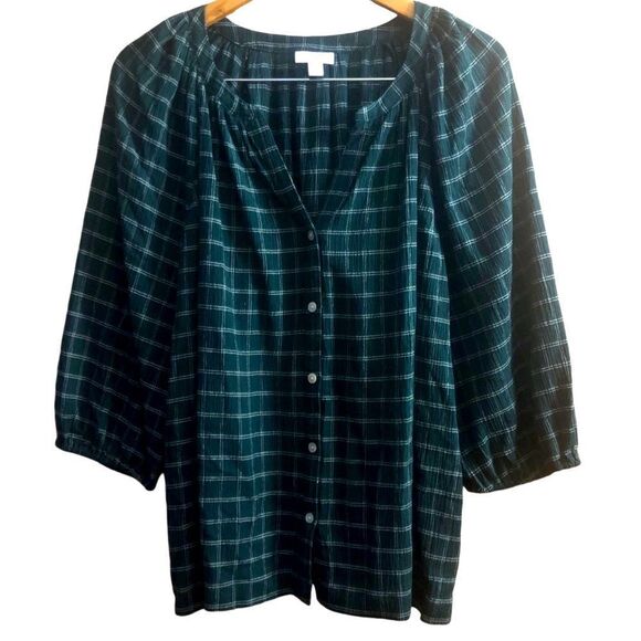J Jill Green Crinkle Plaid V Neck Button Down Shirt Cotton Rayon Blend XL - Picture 1 of 6